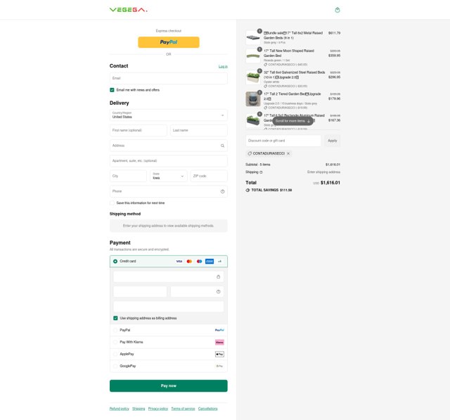 VEGEGA checkout page showing VEGEGA coupon code box | Screenshot taken by SimplyCodes community member on Sep 7, 2025