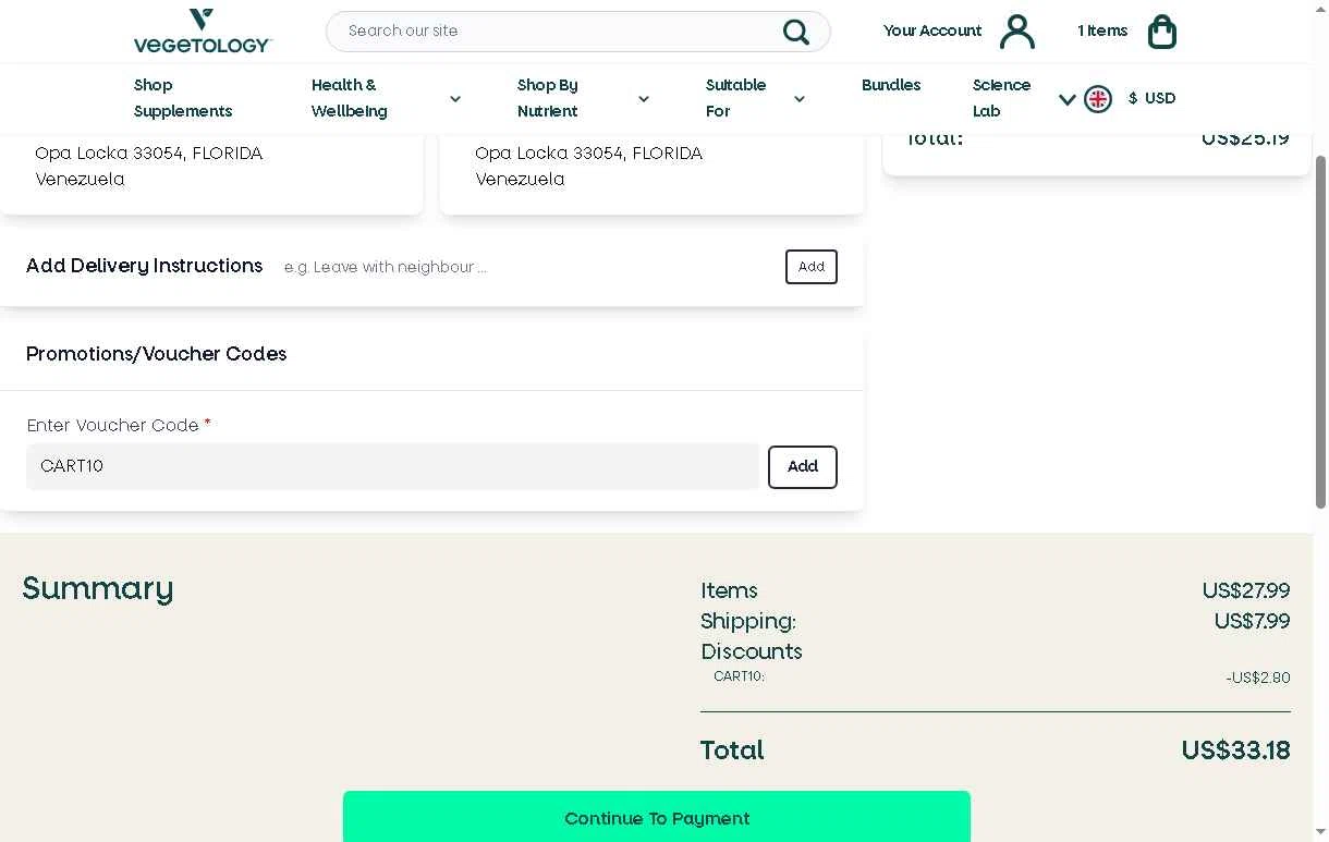 Vegetology checkout page showing Vegetology promo code box | Screenshot taken by SimplyCodes community member on Feb 1, 2026