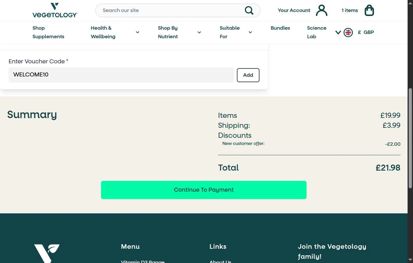 Vegetology checkout page showing Vegetology promo code box | Screenshot taken by SimplyCodes community member on May 7, 2025