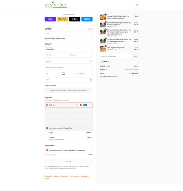 Vegin' Out checkout page showing Vegin' Out coupon code box | Screenshot taken by SimplyCodes community member on Sep 16, 2025