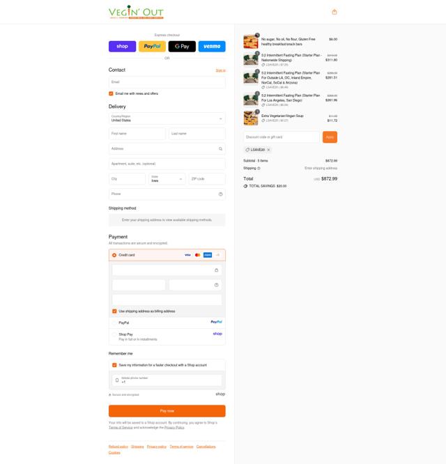 Vegin' Out checkout page showing Vegin' Out coupon code box | Screenshot taken by SimplyCodes community member on Sep 16, 2025