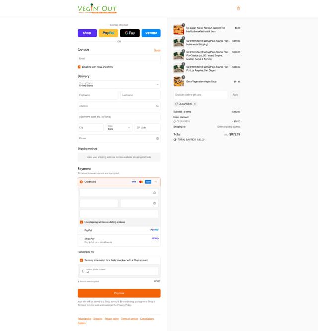 Vegin' Out checkout page showing Vegin' Out coupon code box | Screenshot taken by SimplyCodes community member on Sep 16, 2025