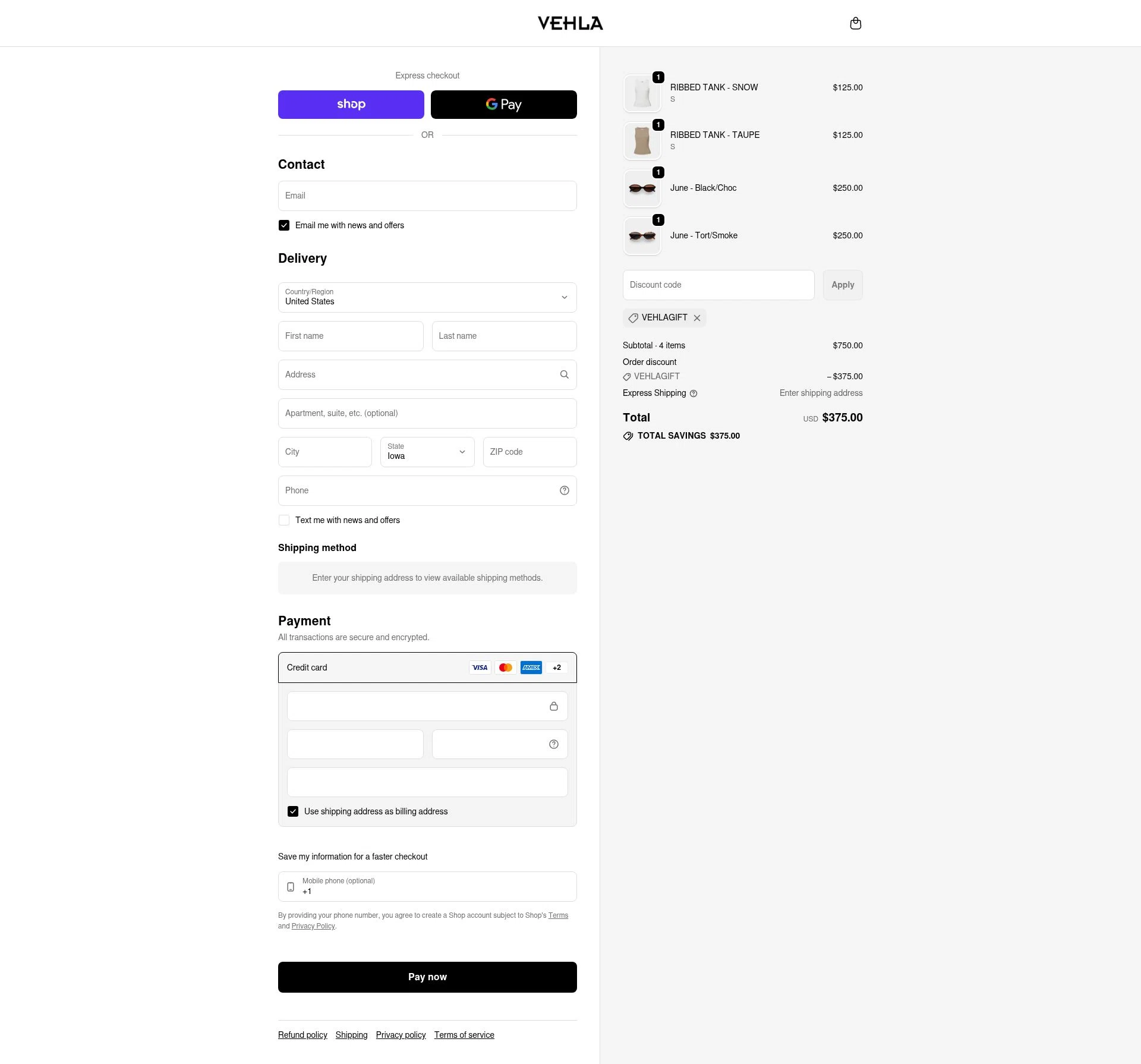 Vehla Eyewear checkout page showing Vehla Eyewear promo code box | Screenshot taken by SimplyCodes community member on Feb 13, 2026