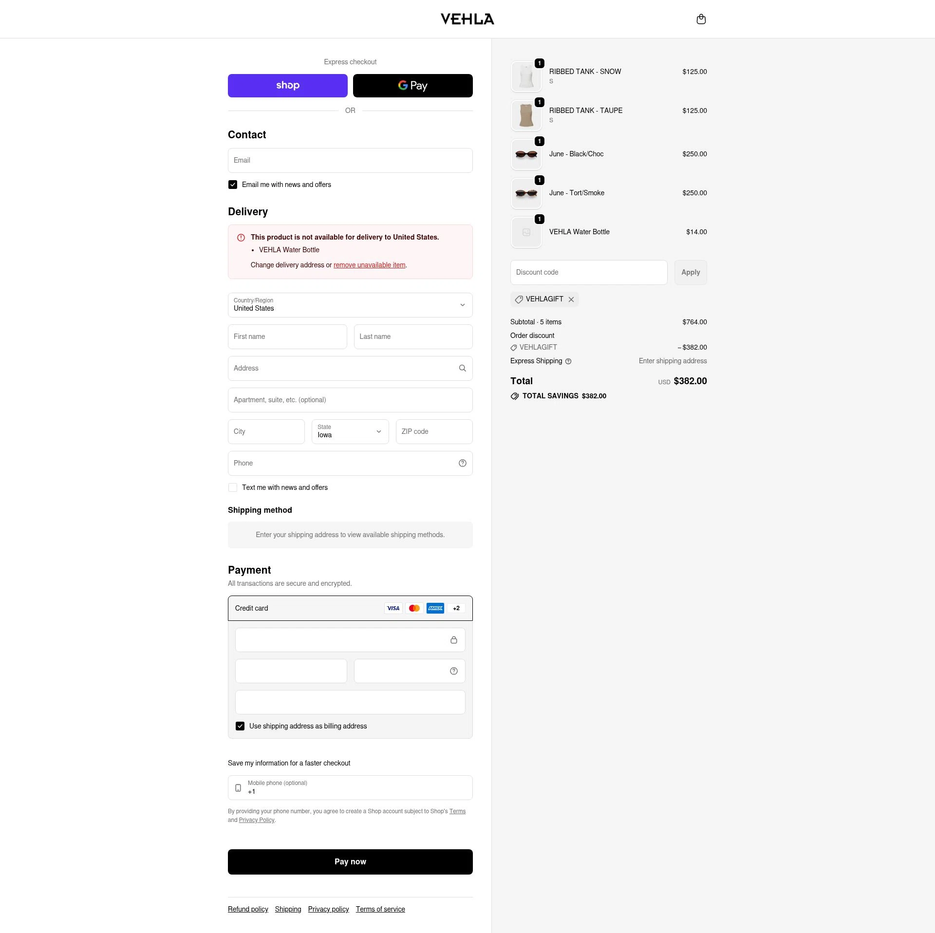 Vehla Eyewear checkout page showing Vehla Eyewear promo code box | Screenshot taken by SimplyCodes community member on Feb 5, 2026