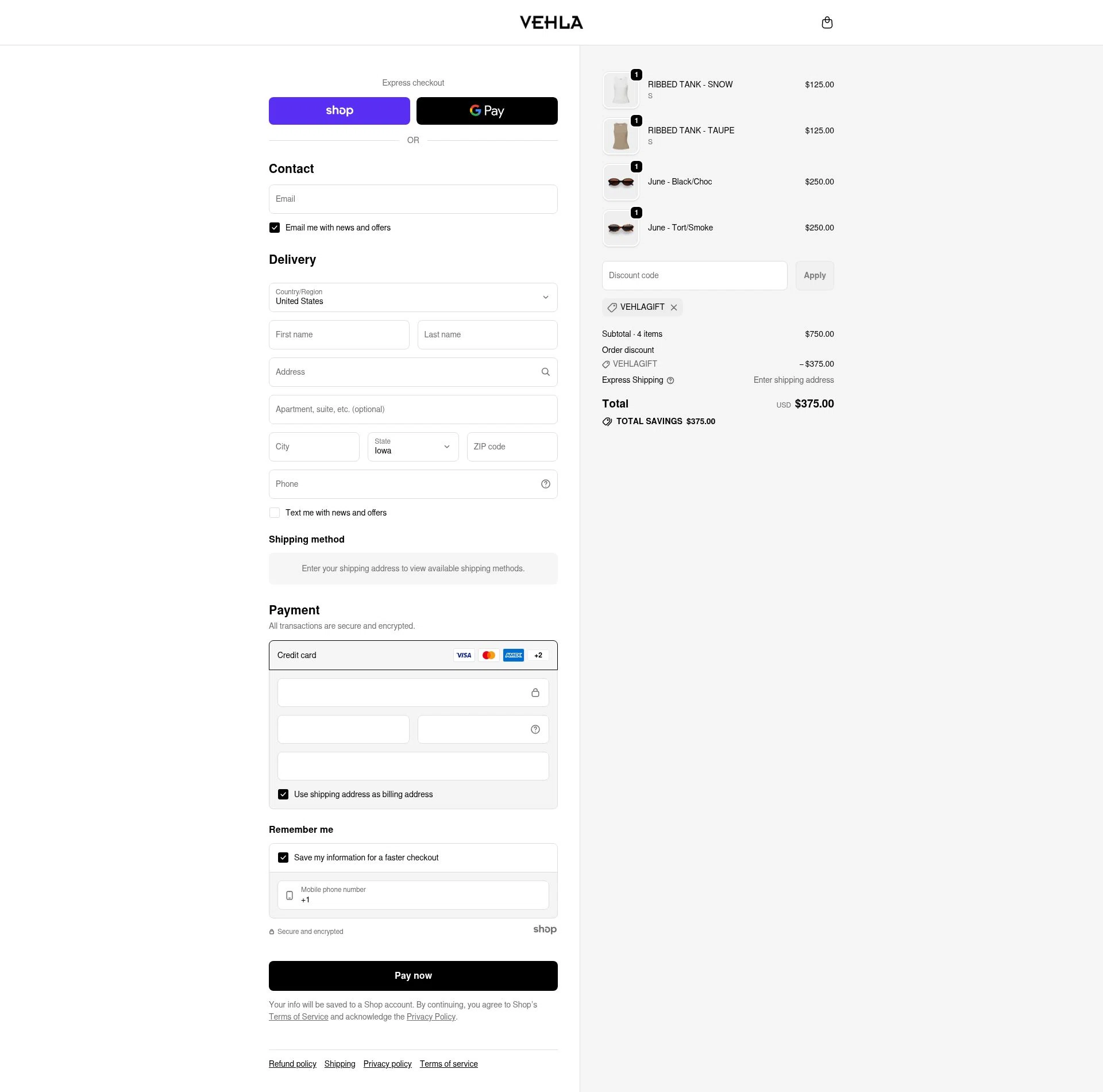 Vehla Eyewear checkout page showing Vehla Eyewear promo code box | Screenshot taken by SimplyCodes community member on Jan 22, 2026