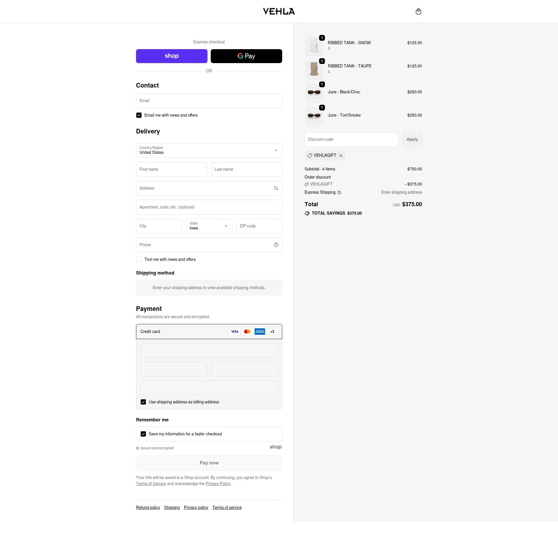 Vehla Eyewear checkout page showing Vehla Eyewear promo code box | Screenshot taken by SimplyCodes community member on Jan 18, 2026