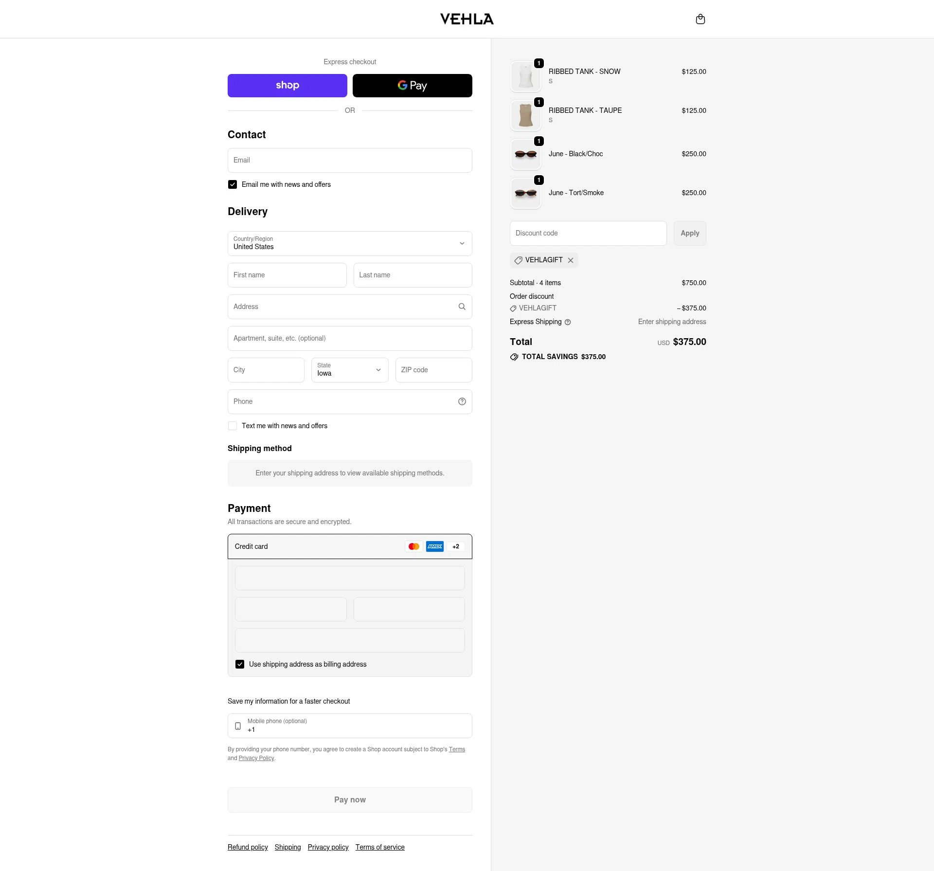 Vehla Eyewear checkout page showing Vehla Eyewear promo code box | Screenshot taken by SimplyCodes community member on Feb 9, 2026