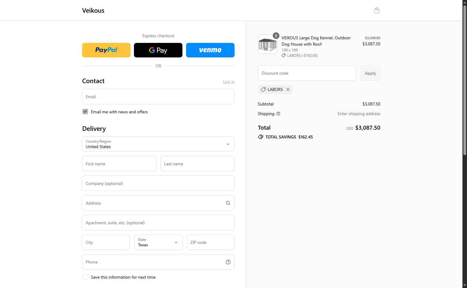 veikous checkout page showing veikous discount code box | Screenshot taken by SimplyCodes community member on Sep 1, 2025