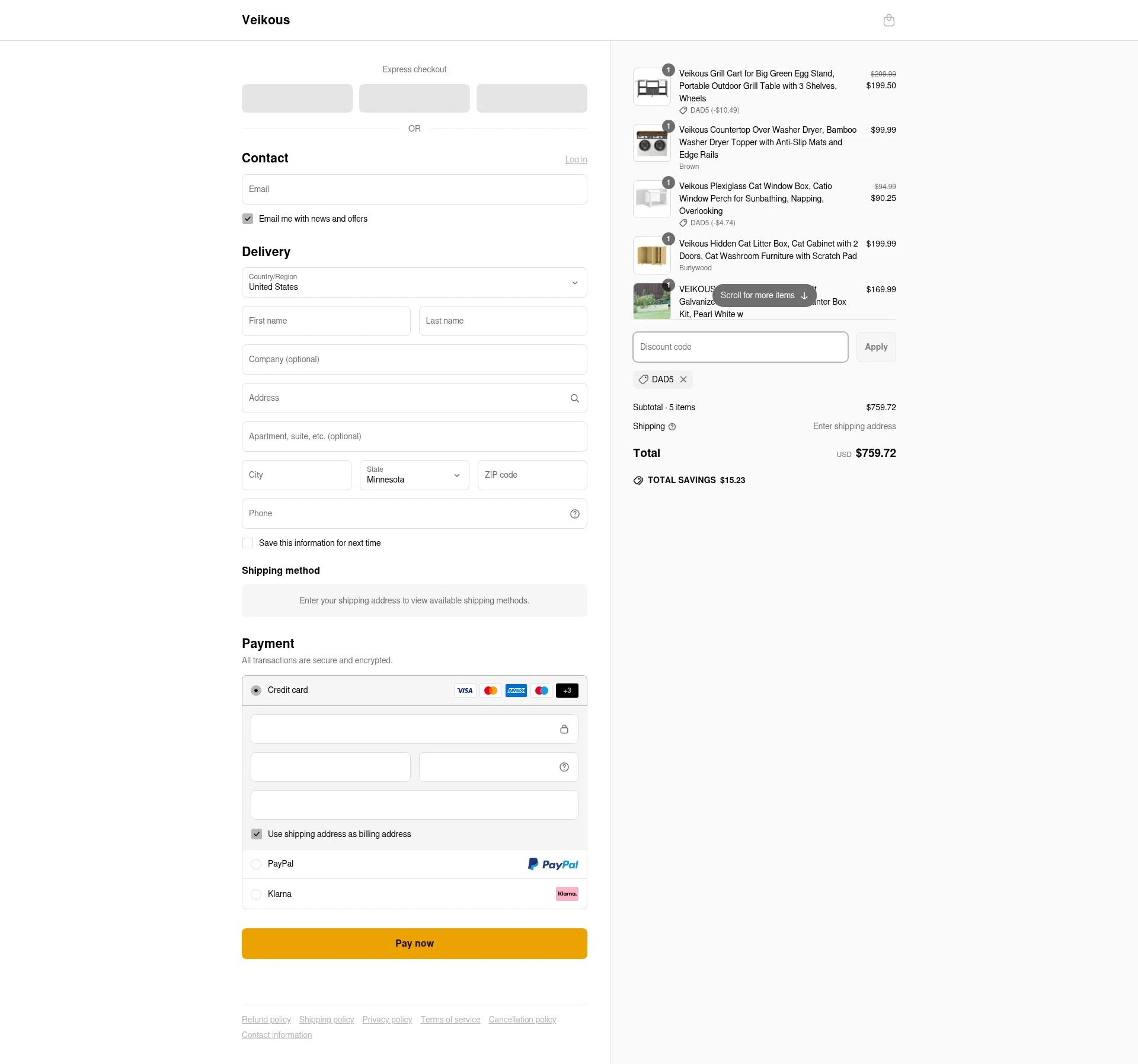 veikous checkout page showing veikous discount code box | Screenshot taken by SimplyCodes community member on Jun 12, 2025