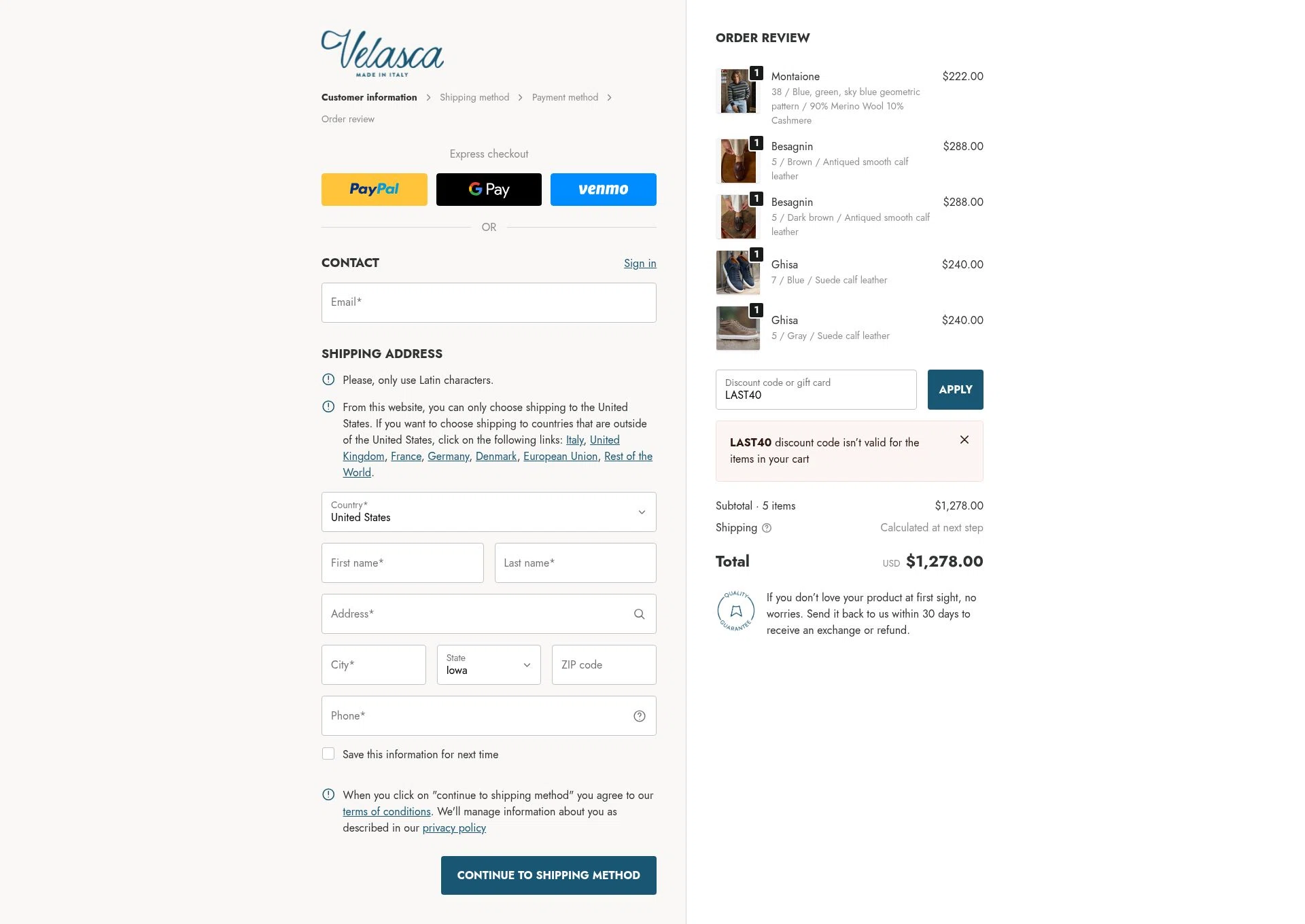 Velasca checkout page showing Velasca discount code box | Screenshot taken by SimplyCodes community member on Dec 9, 2025
