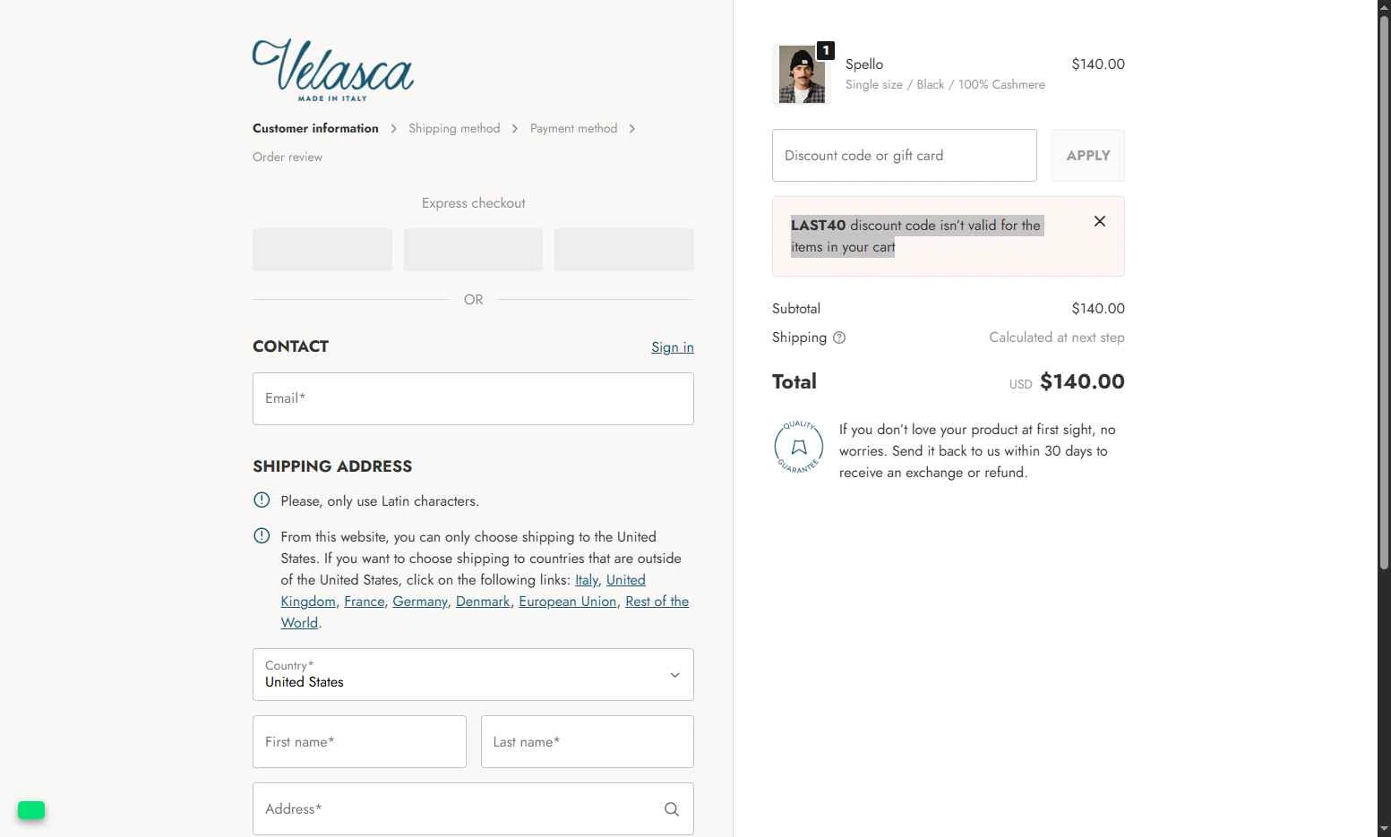 Velasca checkout page showing Velasca discount code box | Screenshot taken by SimplyCodes community member on Dec 19, 2025