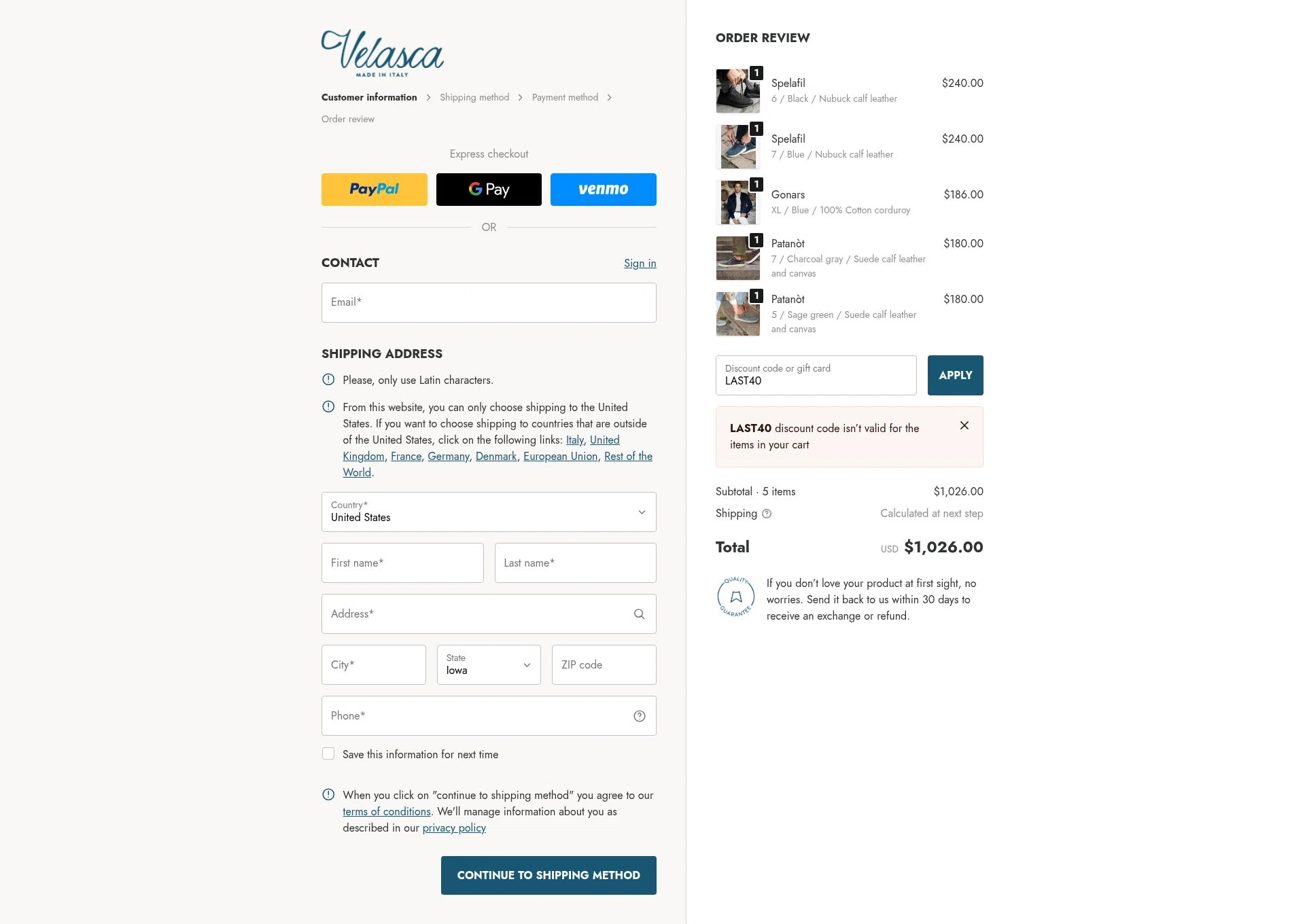 Velasca checkout page showing Velasca discount code box | Screenshot taken by SimplyCodes community member on Dec 15, 2025