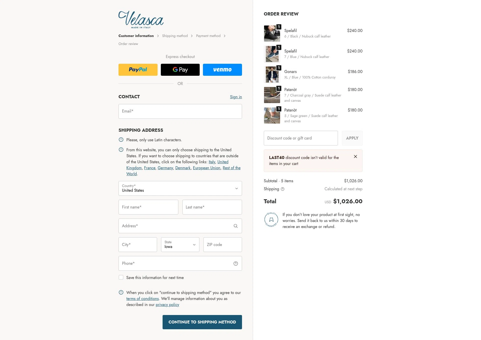 Velasca checkout page showing Velasca discount code box | Screenshot taken by SimplyCodes community member on Jan 1, 2026