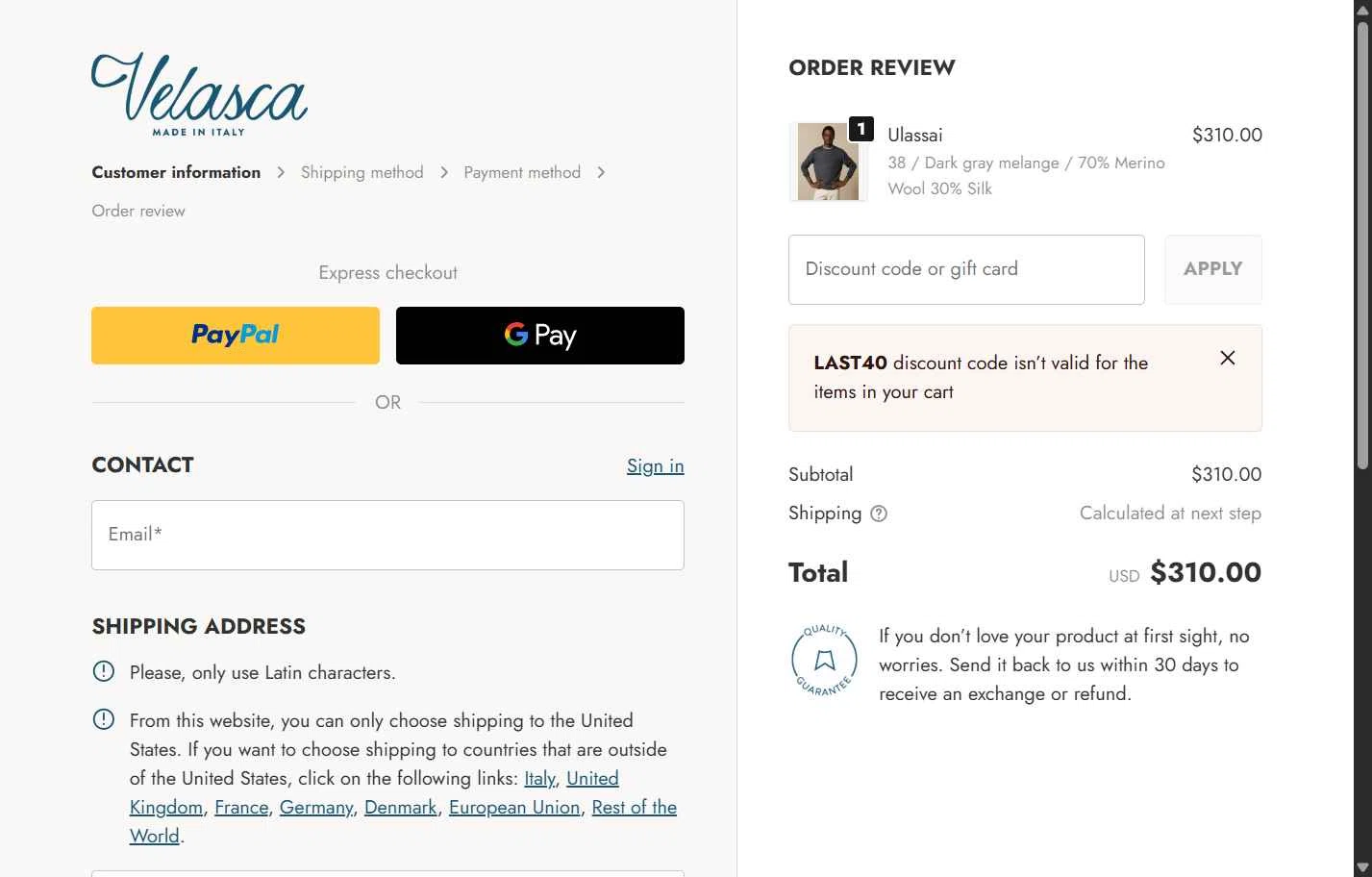Velasca checkout page showing Velasca discount code box | Screenshot taken by SimplyCodes community member on Dec 24, 2025