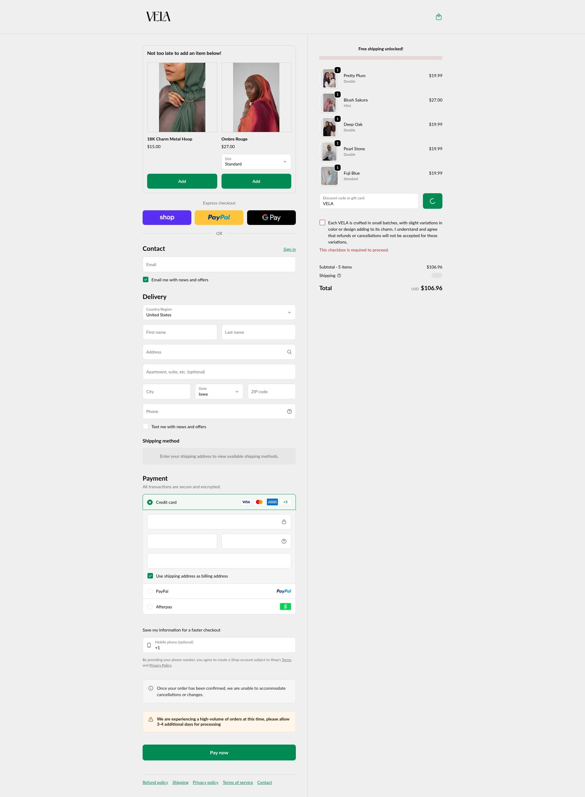 Vela Scarves checkout page showing Vela Scarves discount code box | Screenshot taken by SimplyCodes community member on Feb 24, 2026