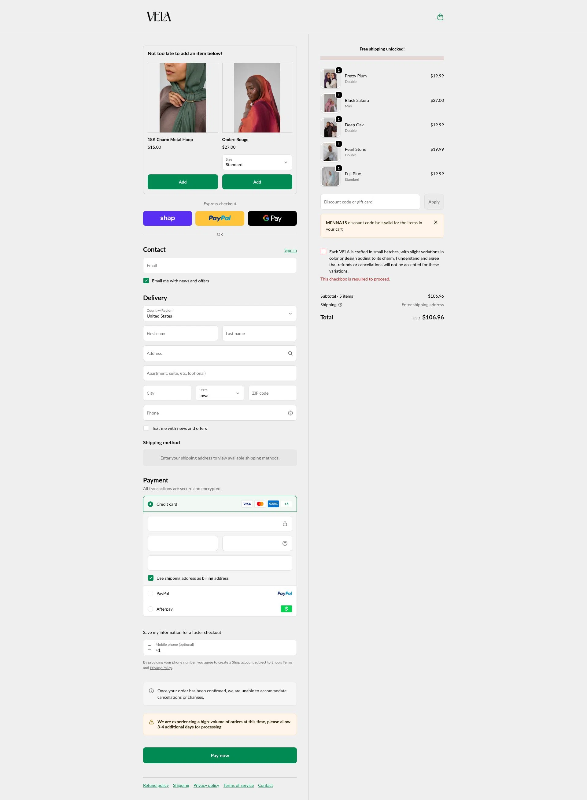 Vela Scarves checkout page showing Vela Scarves discount code box | Screenshot taken by SimplyCodes community member on Feb 24, 2026
