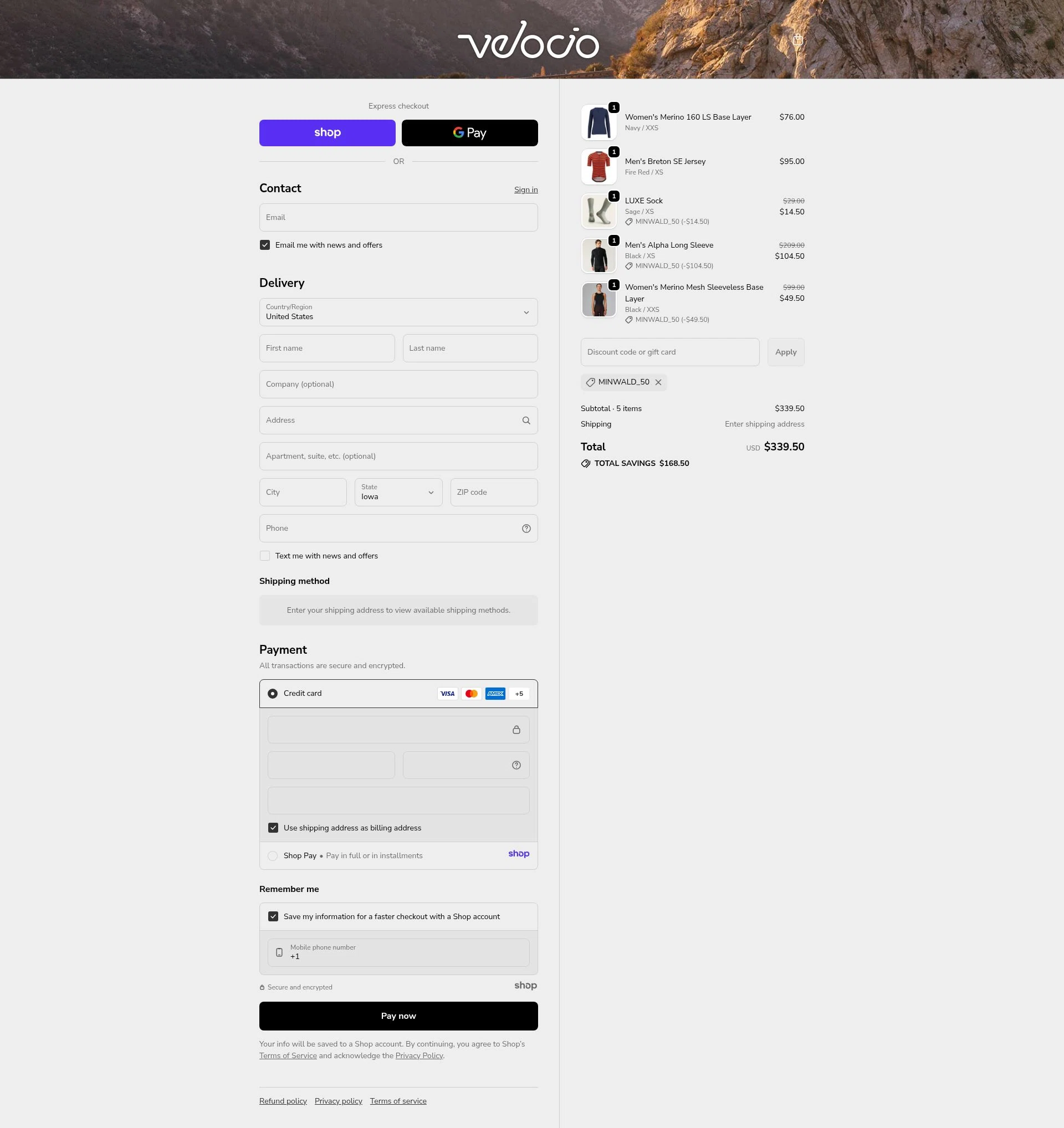 Velocio Apparel checkout page showing Velocio Apparel promo code box | Screenshot taken by SimplyCodes community member on Nov 9, 2025