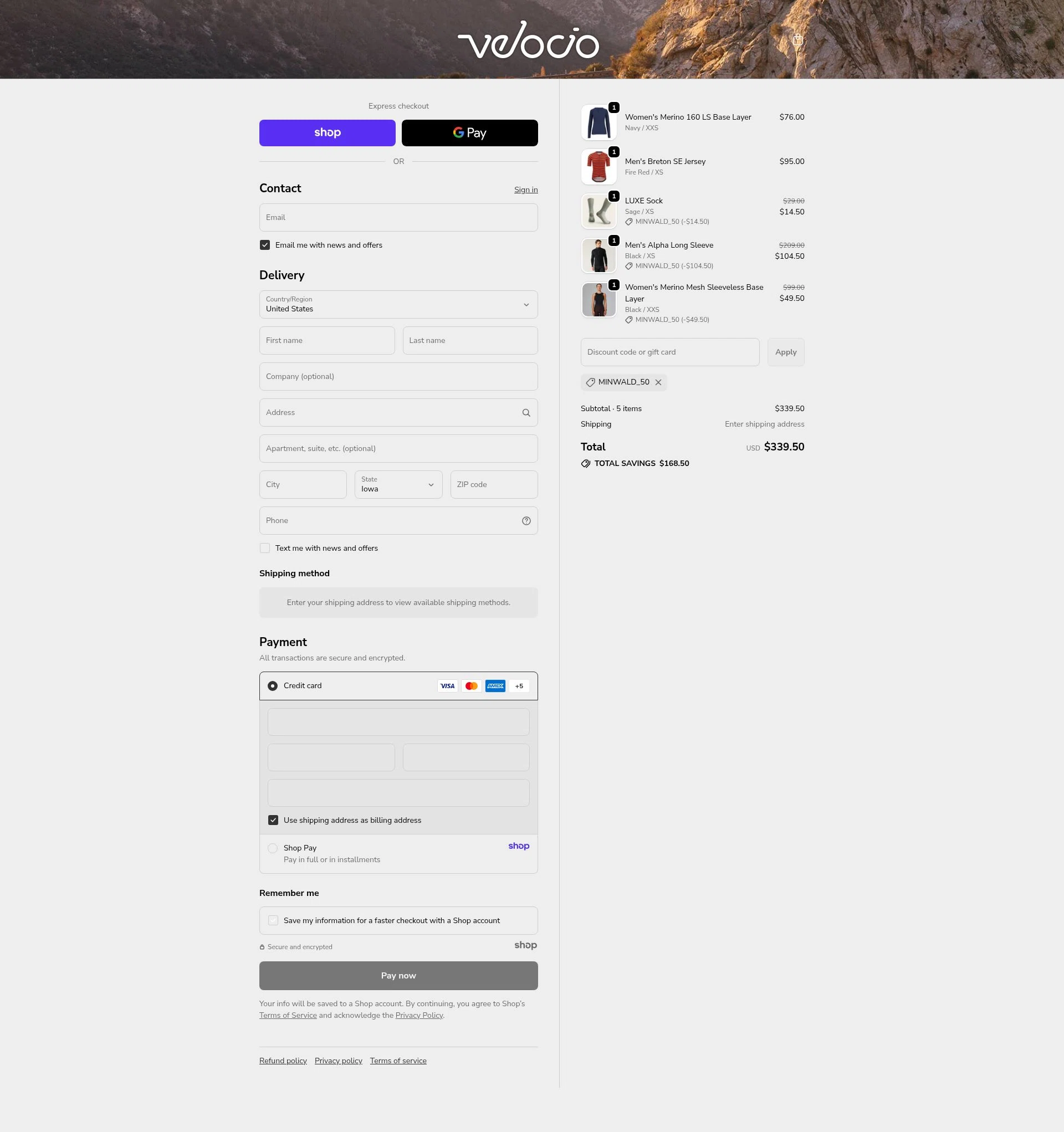 Velocio Apparel checkout page showing Velocio Apparel promo code box | Screenshot taken by SimplyCodes community member on Oct 23, 2025