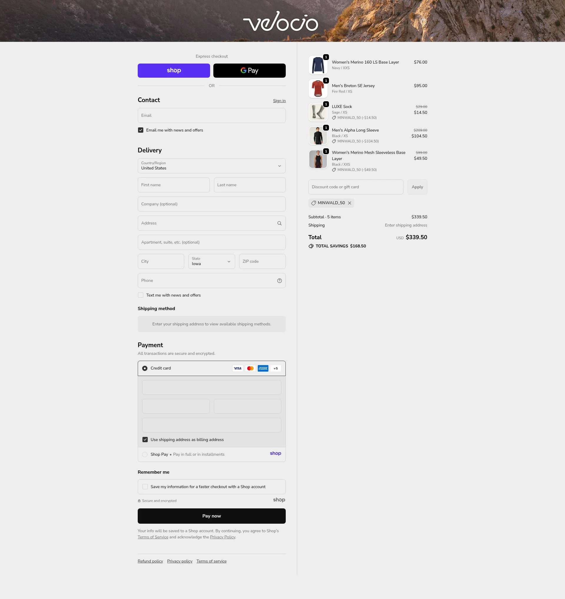 Velocio Apparel checkout page showing Velocio Apparel promo code box | Screenshot taken by SimplyCodes community member on Nov 2, 2025