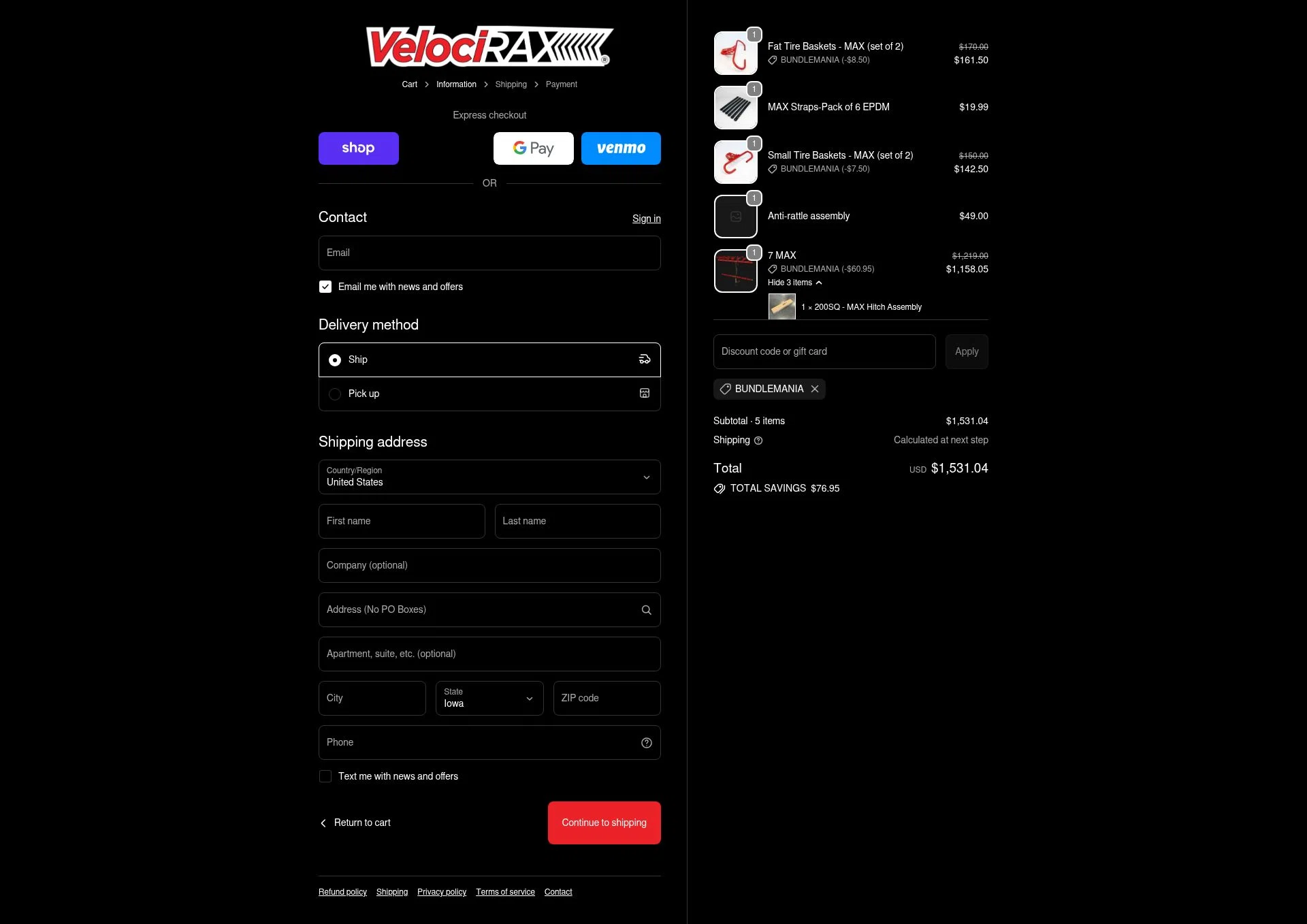 VelociRAX checkout page showing VelociRAX discount code box | Screenshot taken by SimplyCodes community member on Oct 27, 2025