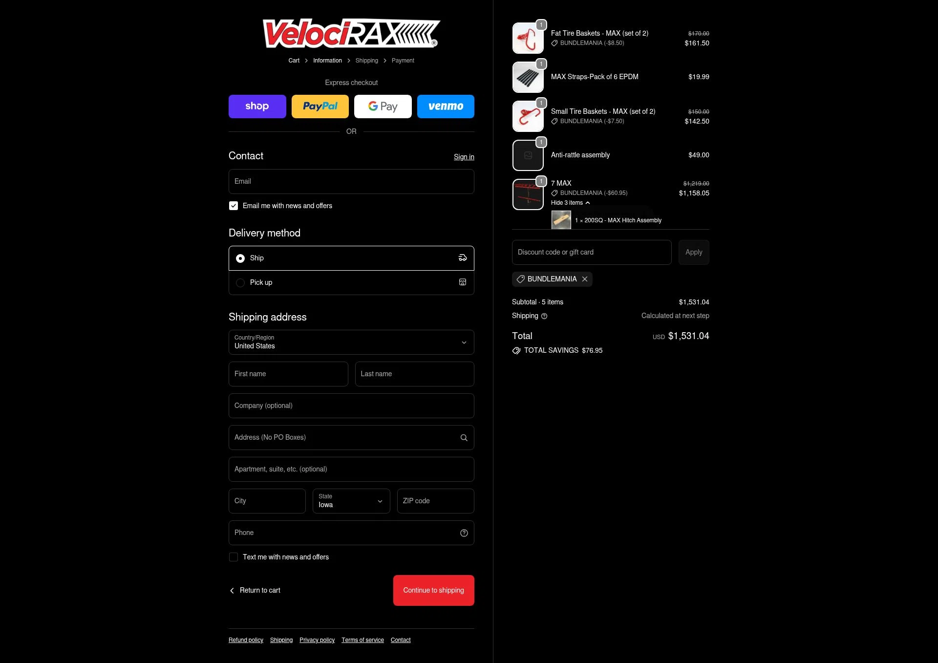 VelociRAX checkout page showing VelociRAX discount code box | Screenshot taken by SimplyCodes community member on Oct 23, 2025