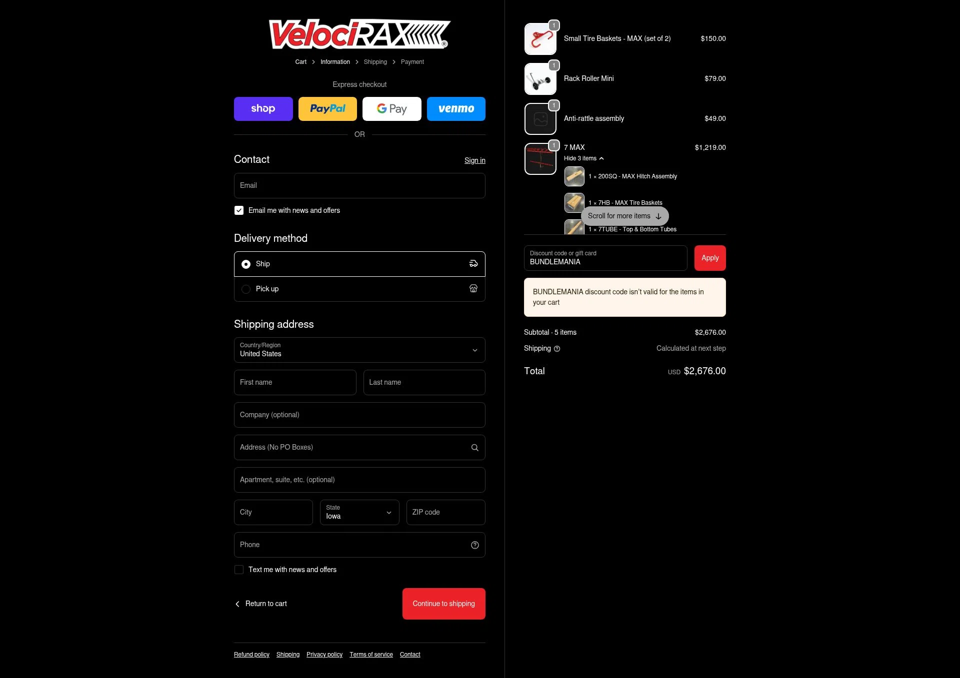 VelociRAX checkout page showing VelociRAX discount code box | Screenshot taken by SimplyCodes community member on Sep 25, 2025