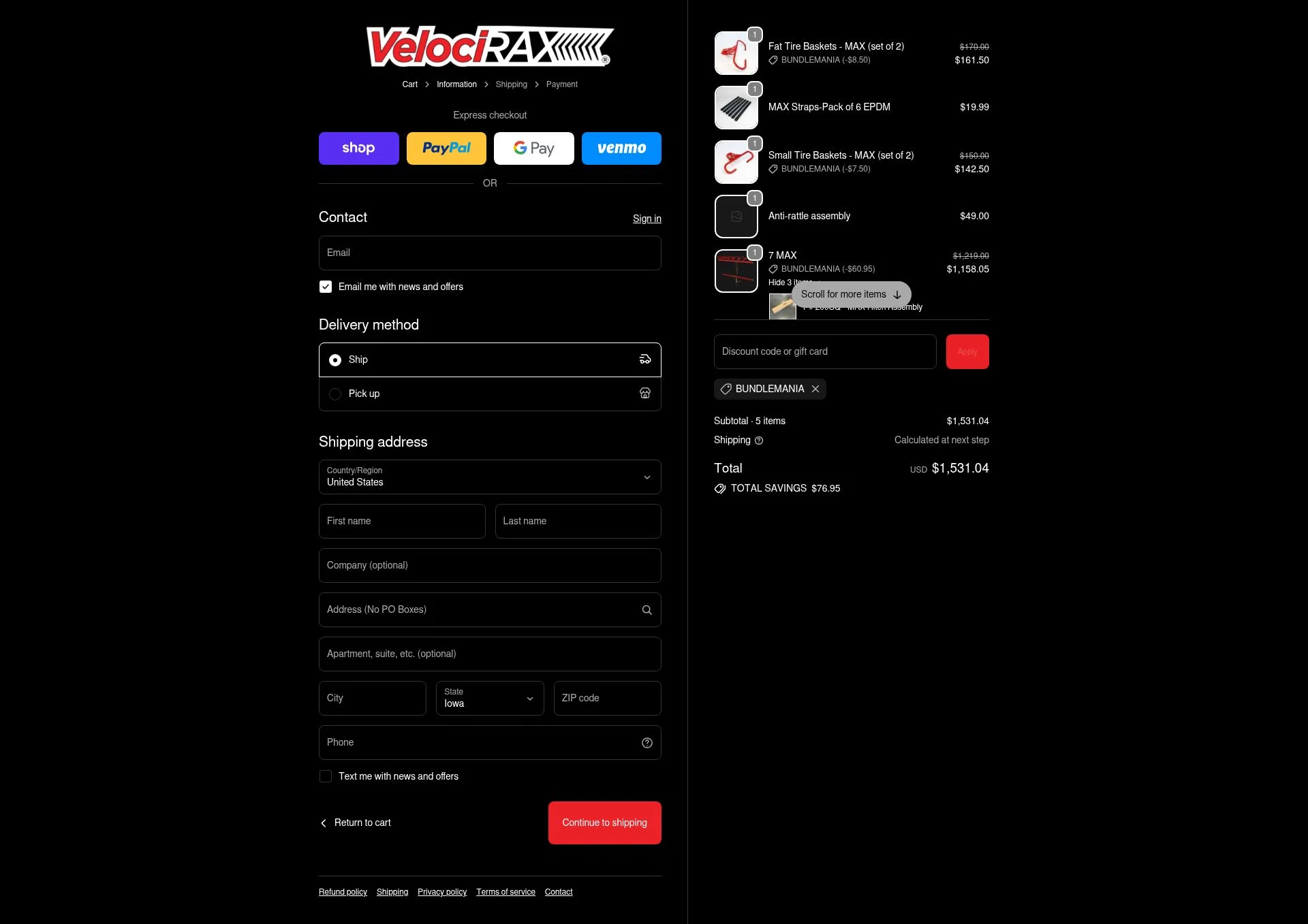 VelociRAX checkout page showing VelociRAX discount code box | Screenshot taken by SimplyCodes community member on Oct 15, 2025