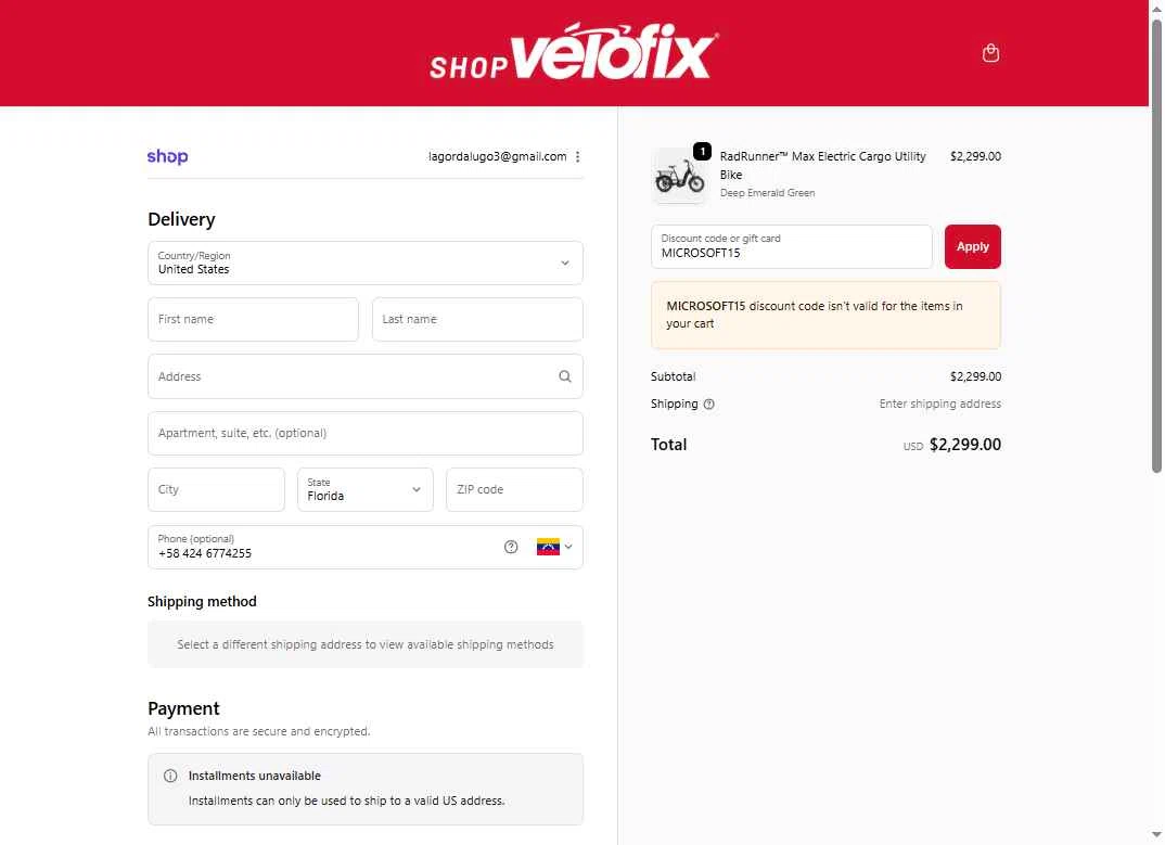 velofix checkout page showing velofix promo code box | Screenshot taken by SimplyCodes community member on Sep 25, 2025