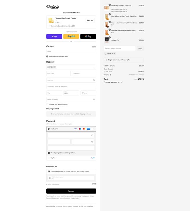 Veloforte checkout page showing Veloforte discount code box | Screenshot taken by SimplyCodes community member on Sep 7, 2025