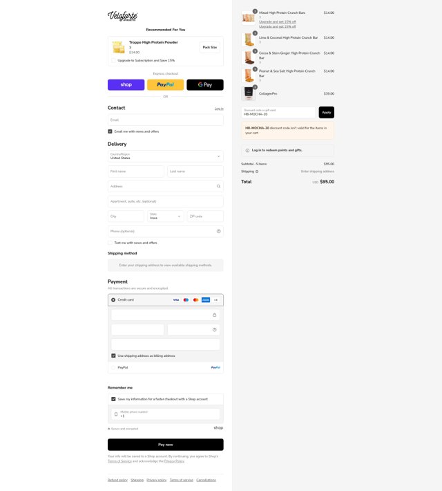 Veloforte checkout page showing Veloforte discount code box | Screenshot taken by SimplyCodes community member on Sep 7, 2025