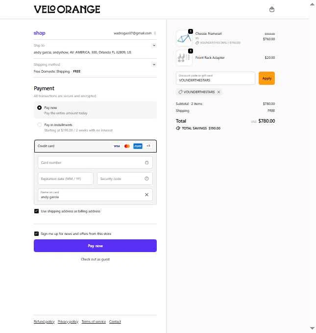 Velo Orange checkout page showing Velo Orange promo code box | Screenshot taken by SimplyCodes community member on Feb 9, 2026