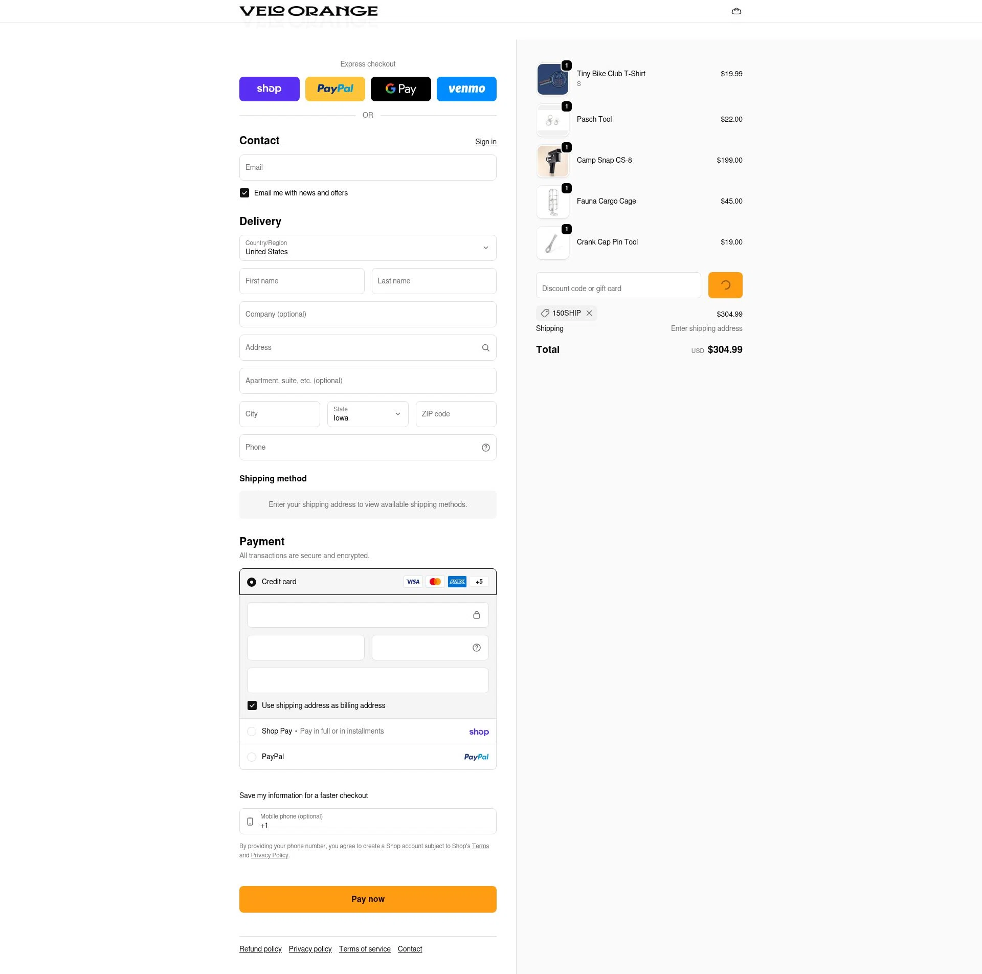 Velo Orange checkout page showing Velo Orange promo code box | Screenshot taken by SimplyCodes community member on Feb 5, 2026