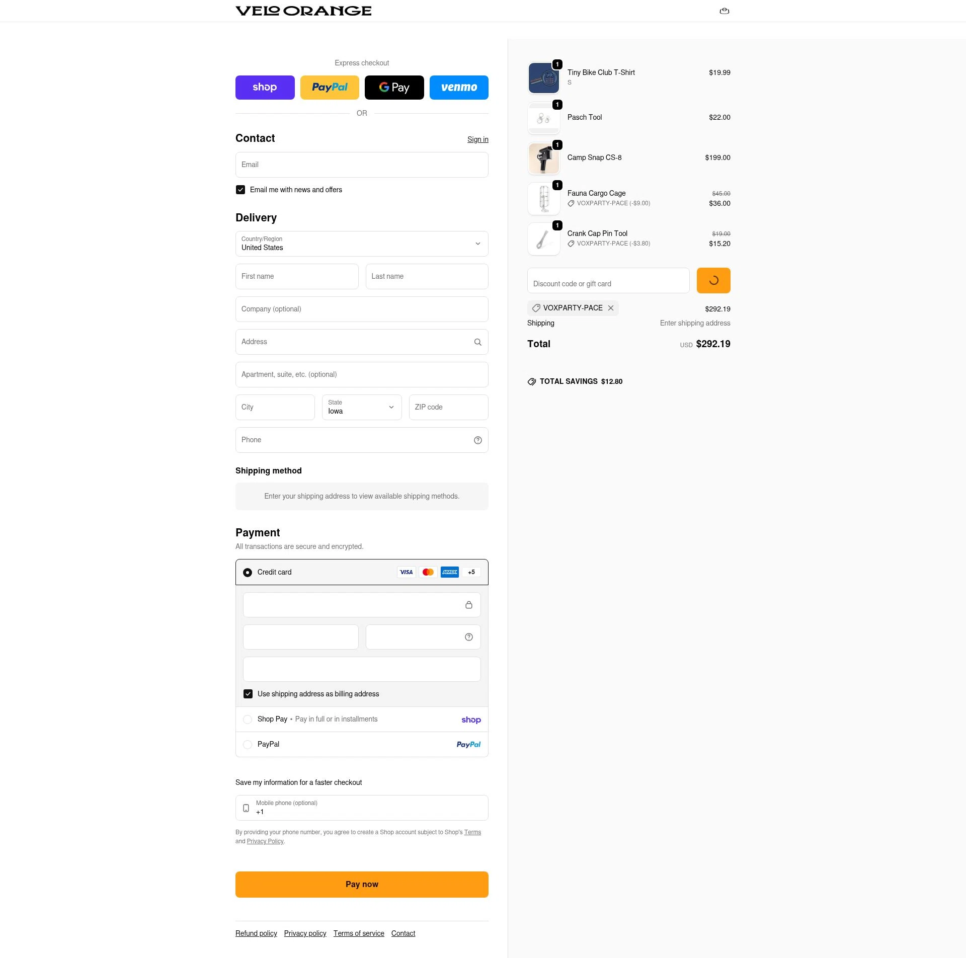 Velo Orange checkout page showing Velo Orange promo code box | Screenshot taken by SimplyCodes community member on Feb 9, 2026