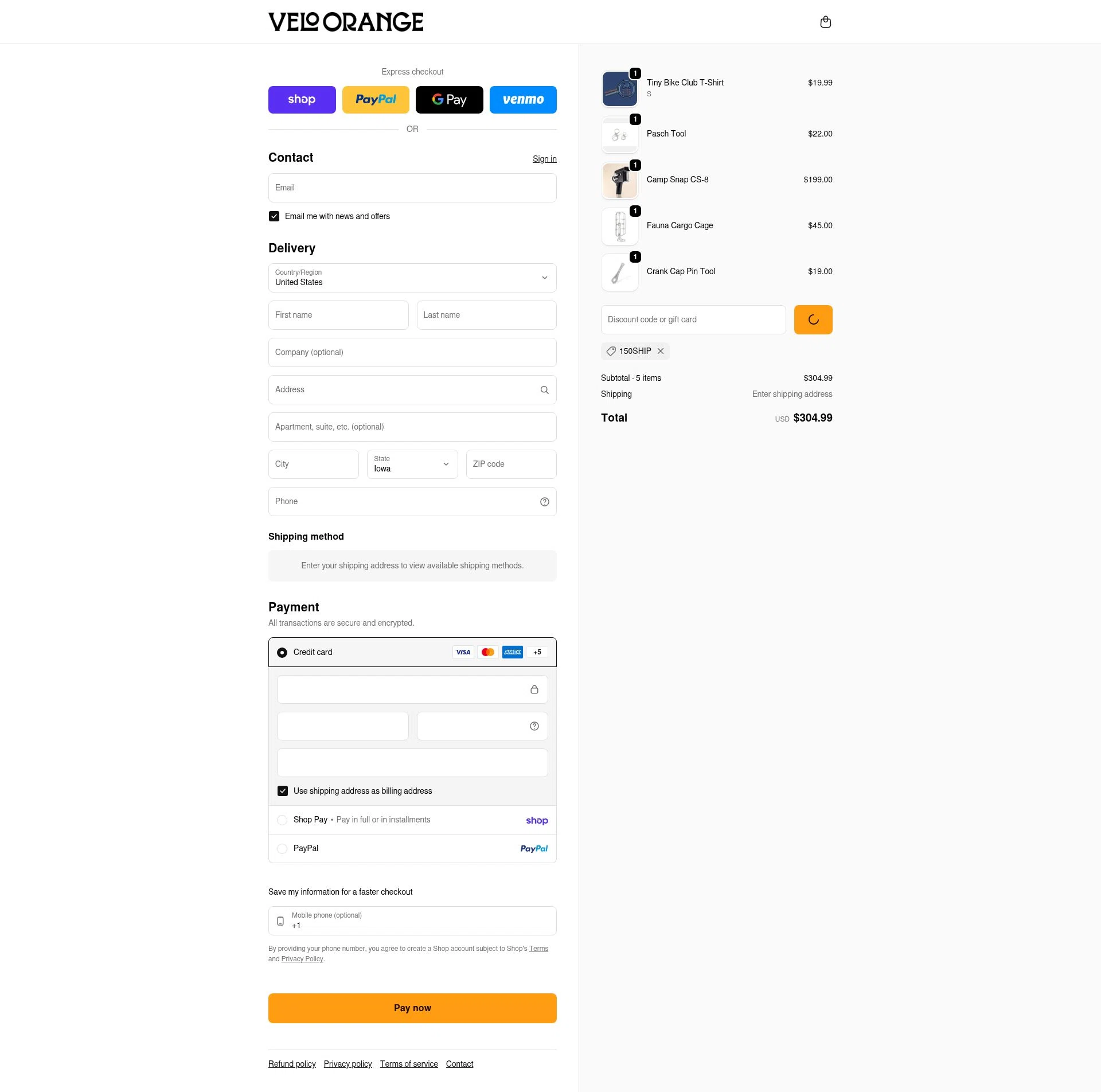 Velo Orange checkout page showing Velo Orange promo code box | Screenshot taken by SimplyCodes community member on Jan 31, 2026