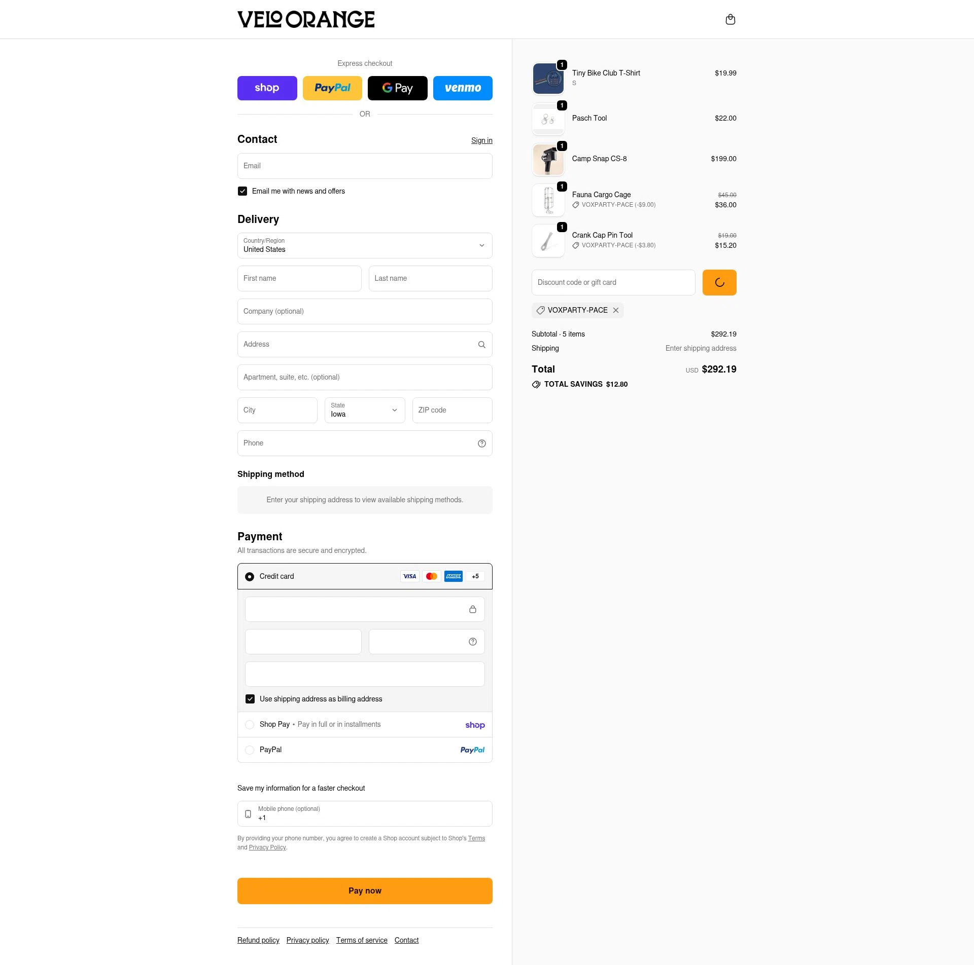 Velo Orange checkout page showing Velo Orange promo code box | Screenshot taken by SimplyCodes community member on Feb 5, 2026
