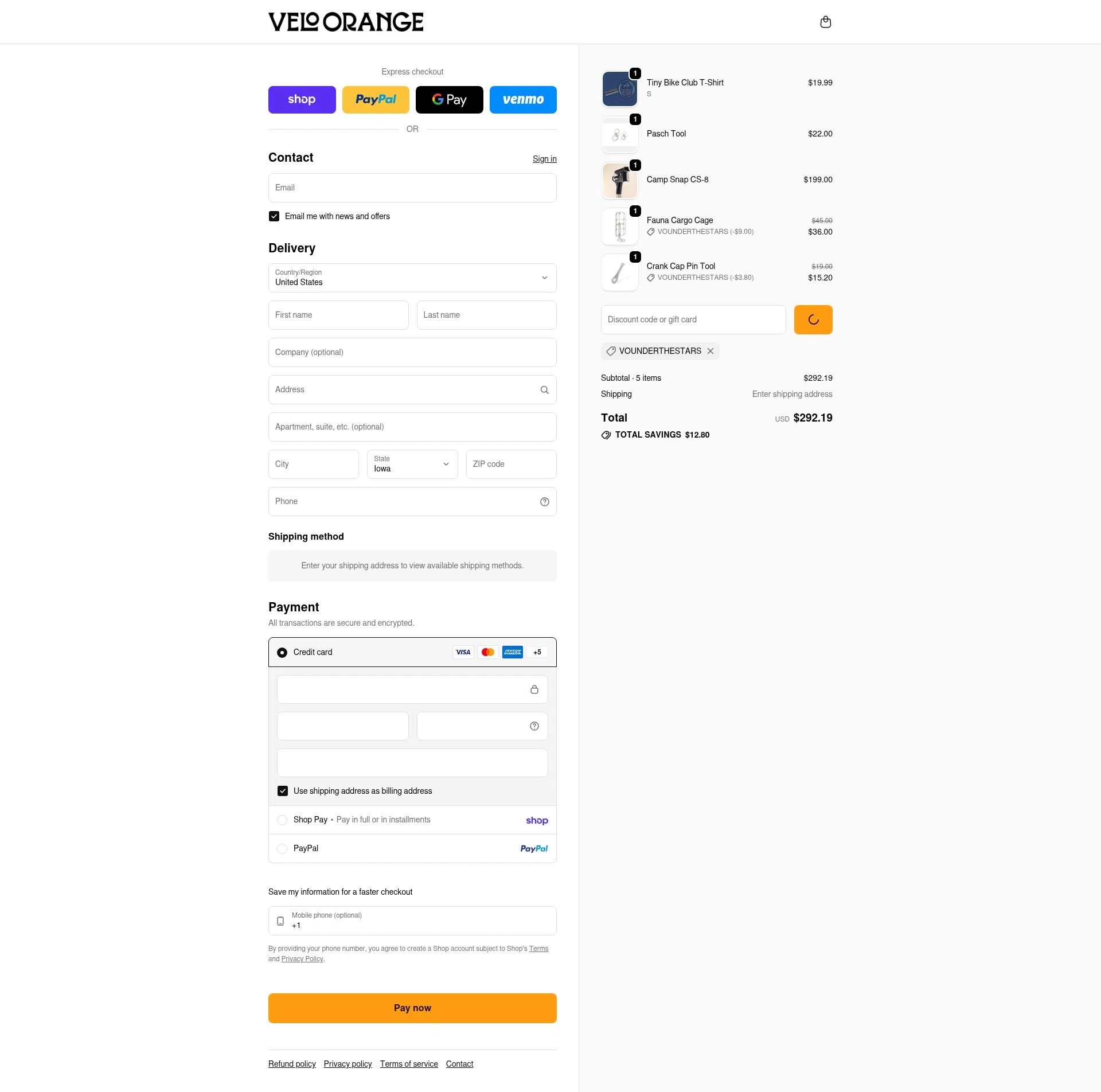Velo Orange checkout page showing Velo Orange promo code box | Screenshot taken by SimplyCodes community member on Feb 9, 2026