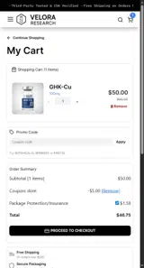 Velora Research coupon verification screenshot