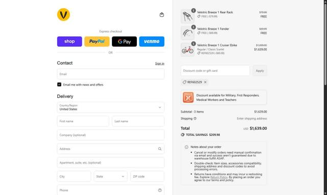 Velotric checkout page showing Velotric discount code box | Screenshot taken by SimplyCodes community member on Sep 12, 2025