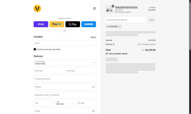 Velotric checkout page showing Velotric discount code box | Screenshot taken by SimplyCodes community member on Sep 13, 2025