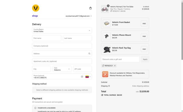 Velotric checkout page showing Velotric discount code box | Screenshot taken by SimplyCodes community member on Sep 15, 2025
