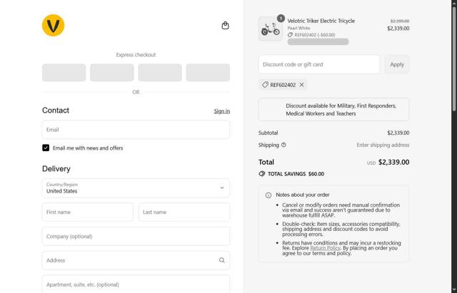 Velotric checkout page showing Velotric discount code box | Screenshot taken by SimplyCodes community member on Sep 13, 2025