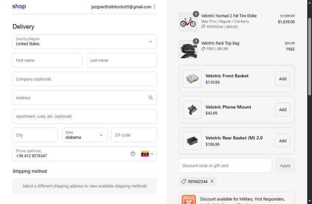 Velotric checkout page showing Velotric discount code box | Screenshot taken by SimplyCodes community member on Sep 12, 2025