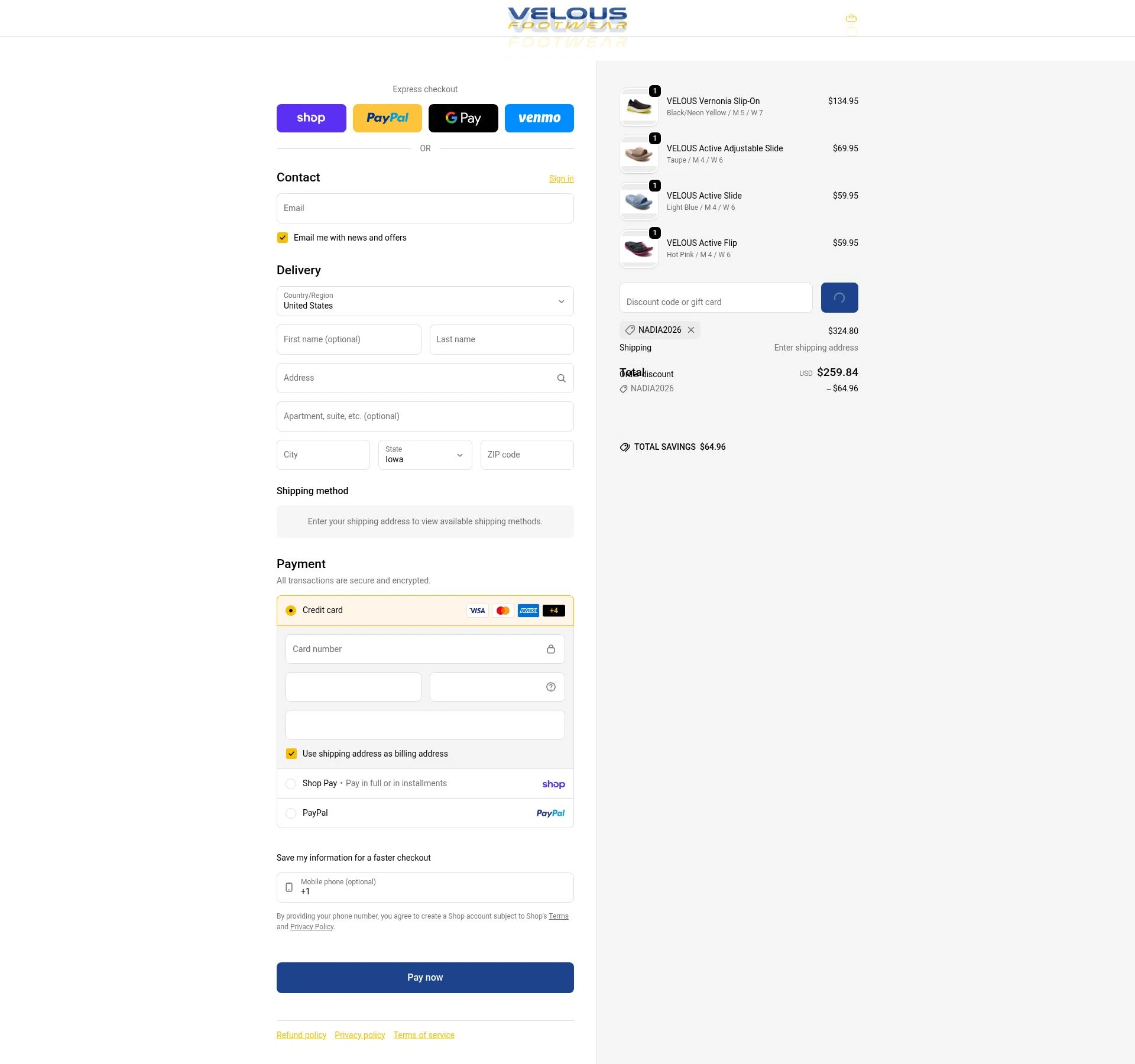 Velous Footwear checkout page showing Velous Footwear promo code box | Screenshot taken by SimplyCodes community member on Feb 11, 2026