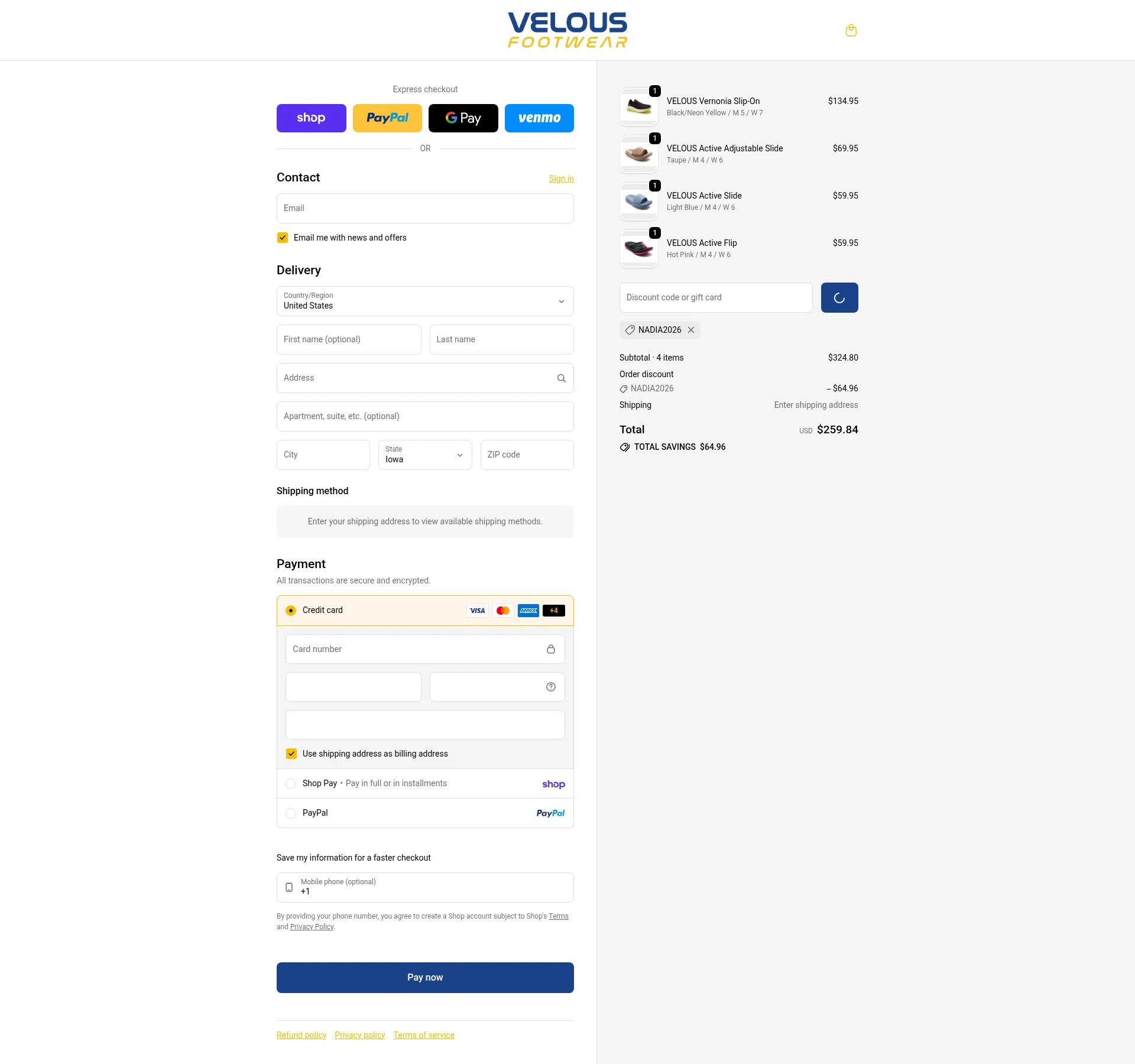 Velous Footwear checkout page showing Velous Footwear promo code box | Screenshot taken by SimplyCodes community member on Feb 20, 2026