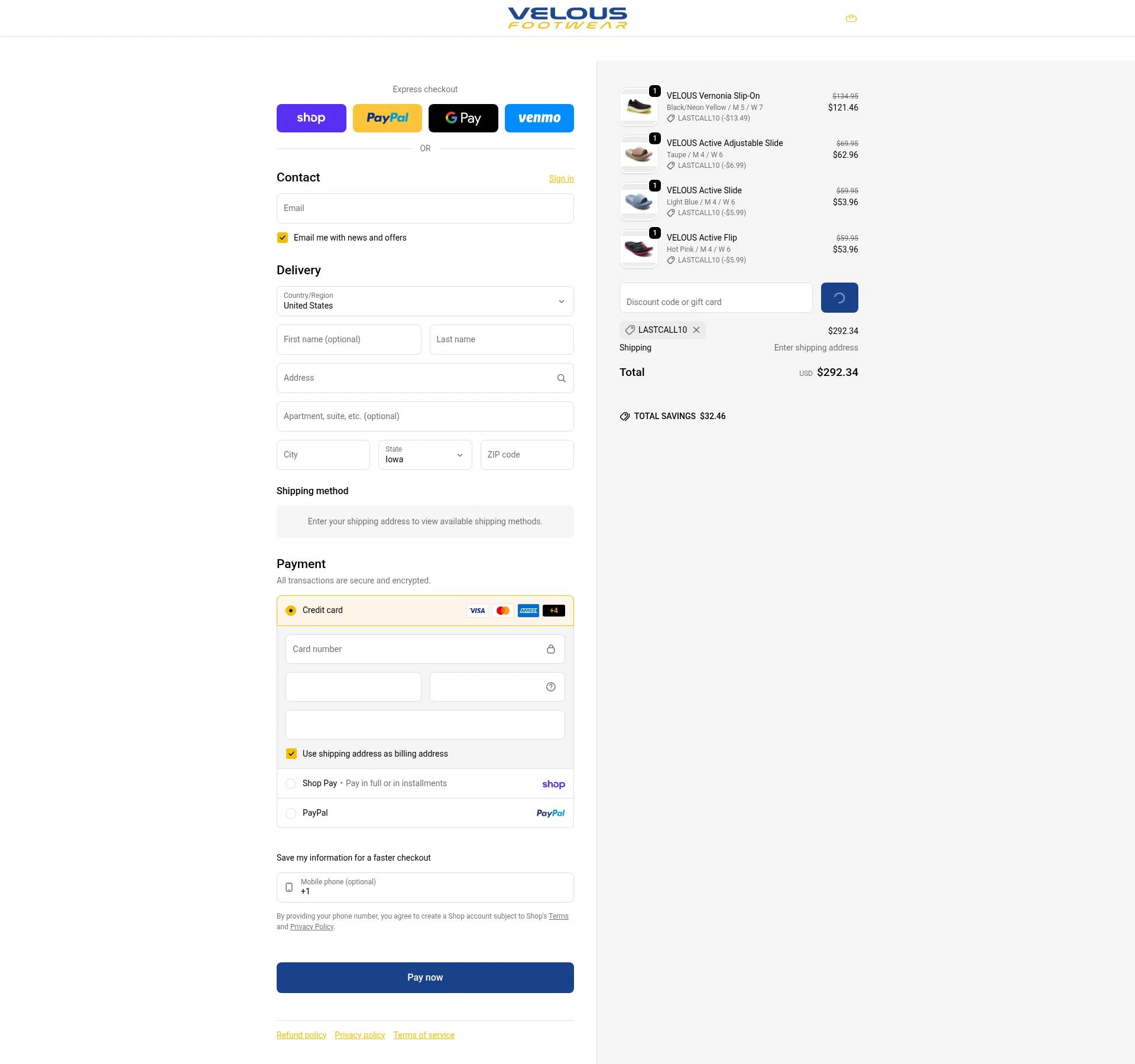 Velous Footwear checkout page showing Velous Footwear promo code box | Screenshot taken by SimplyCodes community member on Feb 11, 2026