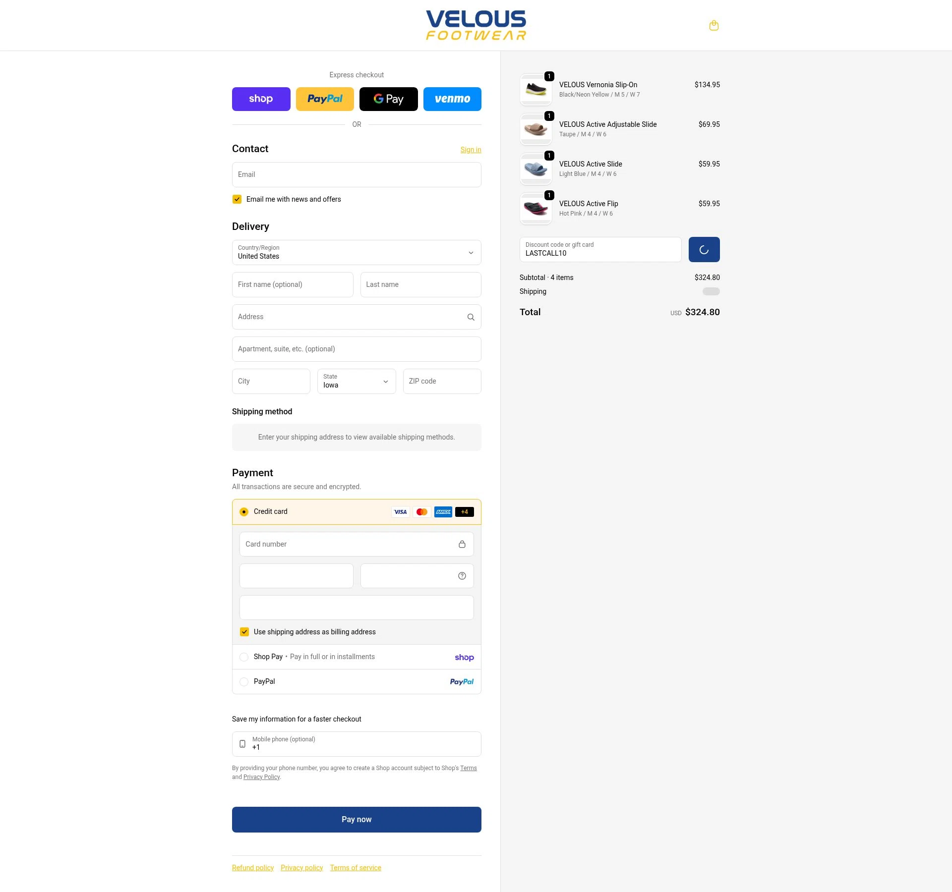 Velous Footwear checkout page showing Velous Footwear promo code box | Screenshot taken by SimplyCodes community member on Feb 20, 2026