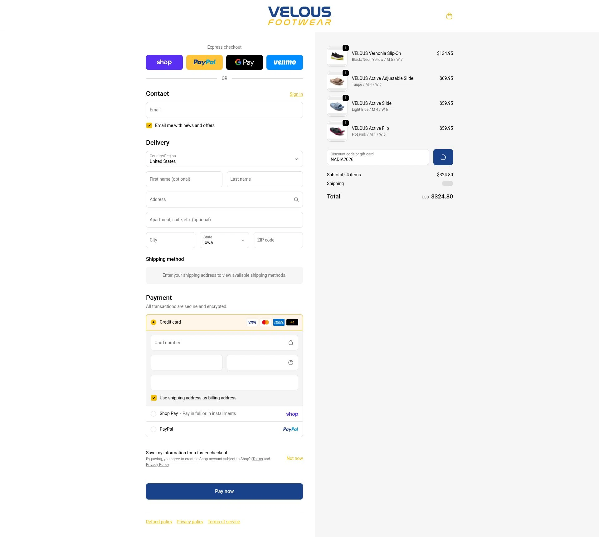 Velous Footwear checkout page showing Velous Footwear promo code box | Screenshot taken by SimplyCodes community member on Feb 15, 2026