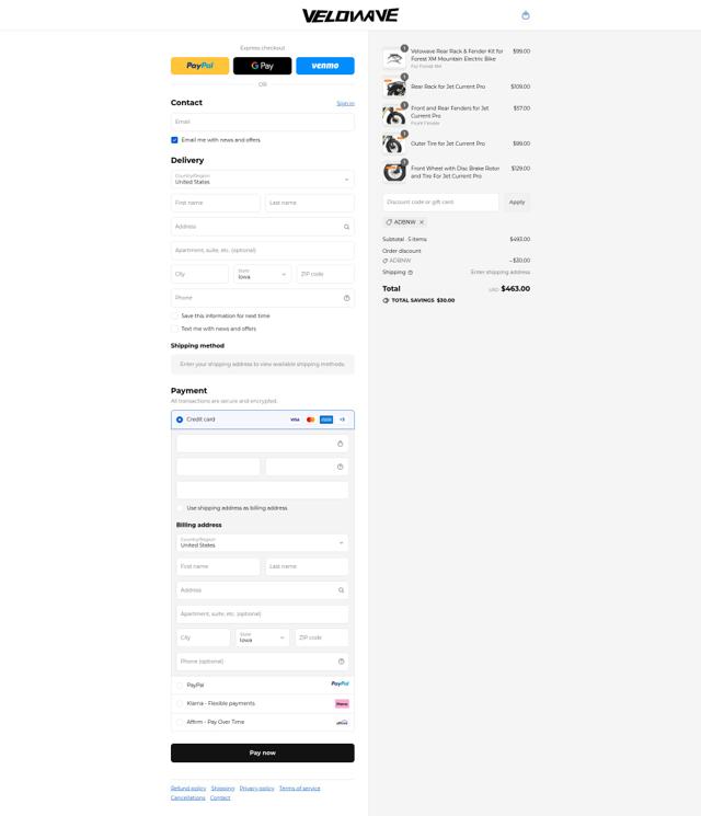 VELOWAVE Bike checkout page showing VELOWAVE Bike promo code box | Screenshot taken by SimplyCodes community member on Sep 15, 2025