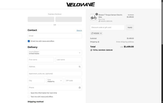 VELOWAVE Bike checkout page showing VELOWAVE Bike promo code box | Screenshot taken by SimplyCodes community member on Sep 15, 2025