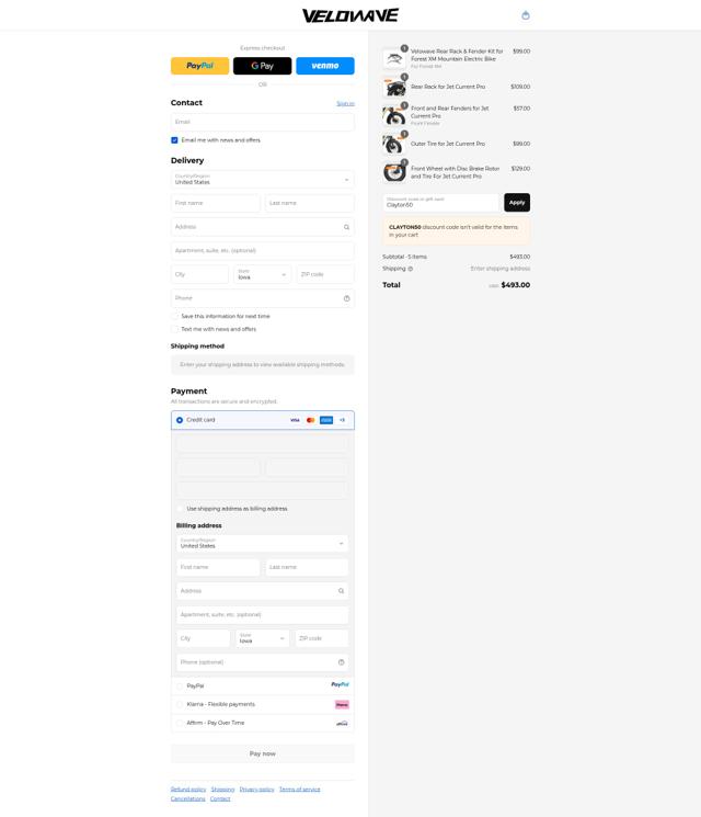 VELOWAVE Bike checkout page showing VELOWAVE Bike promo code box | Screenshot taken by SimplyCodes community member on Sep 15, 2025
